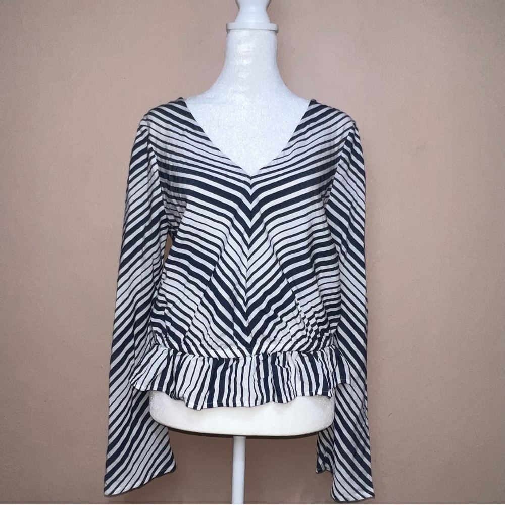 Express Striped Peplum Top Long Bell Sleeves Faux Wrap Back Deep V-neck Small